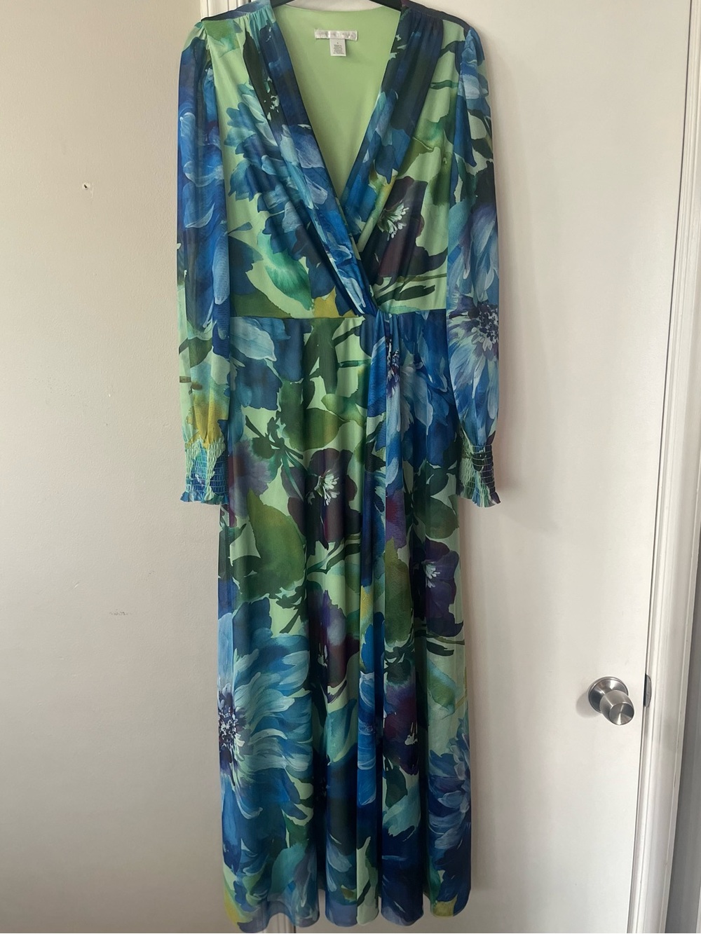 London Times Watercolor Floral Long Sleeve Faux Wrap Mesh Maxi Dress.